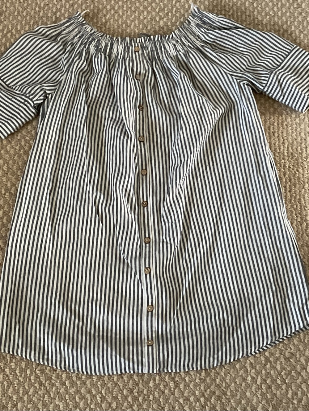 Paper Crane Navy and White Striped Off-Shoulder Button Front Dress